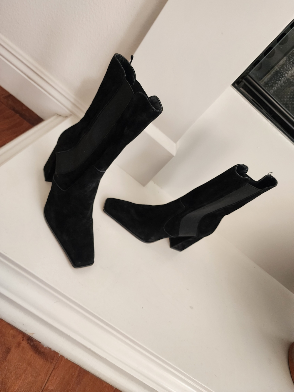 H&M Black Suede Pointed Toe Mid-Calf Block Heel Boots